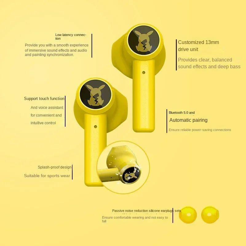 Pokemon Pikachu Razer Earphones Wireless Bluetooth 5.0 Sport Noise Reduction Headphones Touch Control Microphone Universal 2022