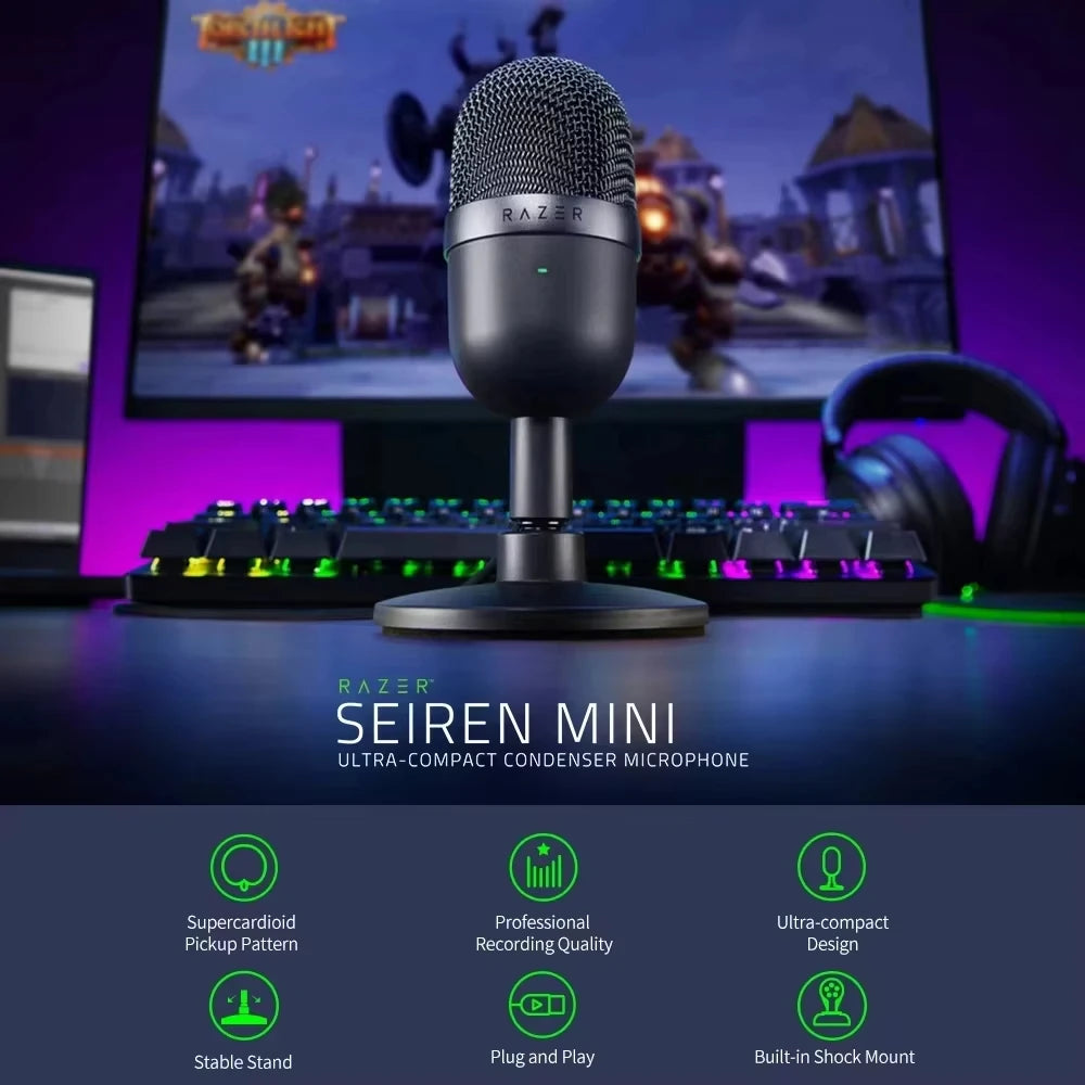 100% Original Razer-Seiren Mini USB Condenser Microphone Ultra-Compact Streaming Supercardioid Pickup Pattern