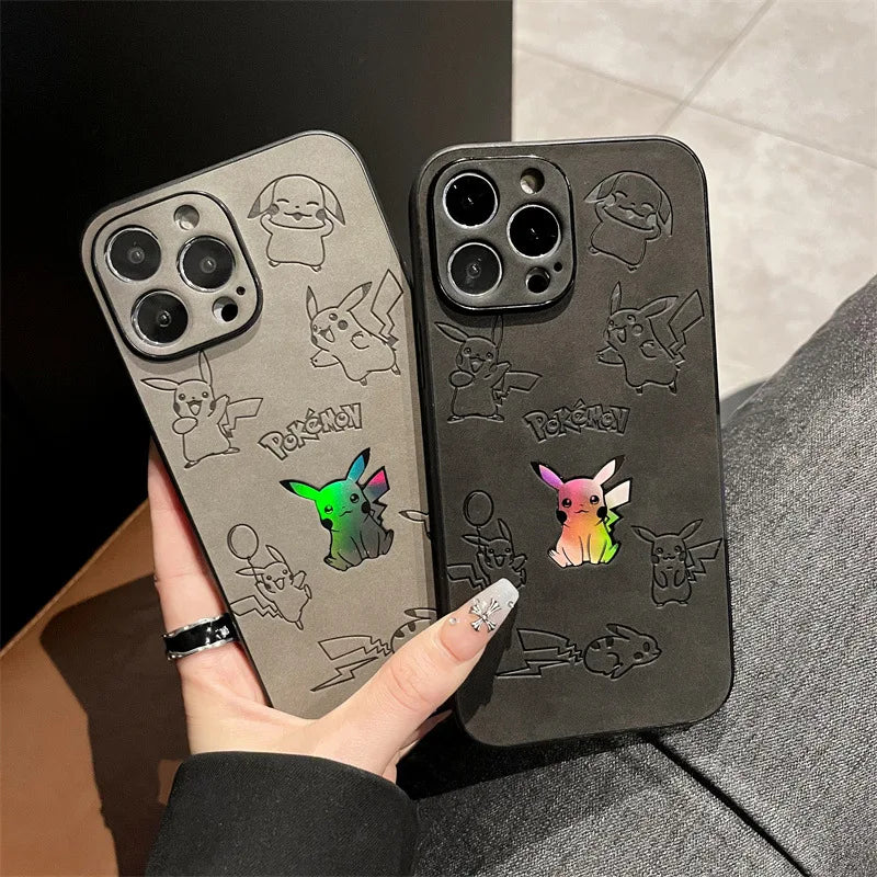 Cartoon Pikachu Faux Leather Laser Phone Case For iPhone 15 14 13 12 11 16 Pro Max XS XR X 7 8 Plus Shockproof Protective Cover