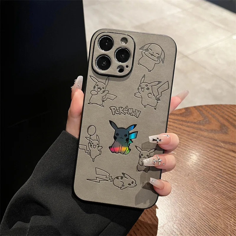Cartoon Pikachu Faux Leather Laser Phone Case For iPhone 15 14 13 12 11 16 Pro Max XS XR X 7 8 Plus Shockproof Protective Cover