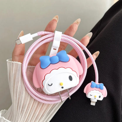 Anime Sanrio Charger Protective Case Cartoon Cinnamoroll Kuromi Melody Iphone 20W Charger Head Data Cable Protect Shell Gifts