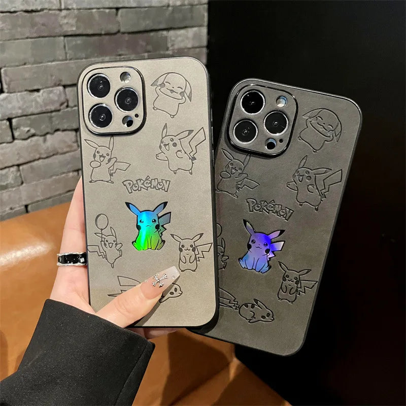 Cartoon Pikachu Faux Leather Laser Phone Case For iPhone 15 14 13 12 11 16 Pro Max XS XR X 7 8 Plus Shockproof Protective Cover