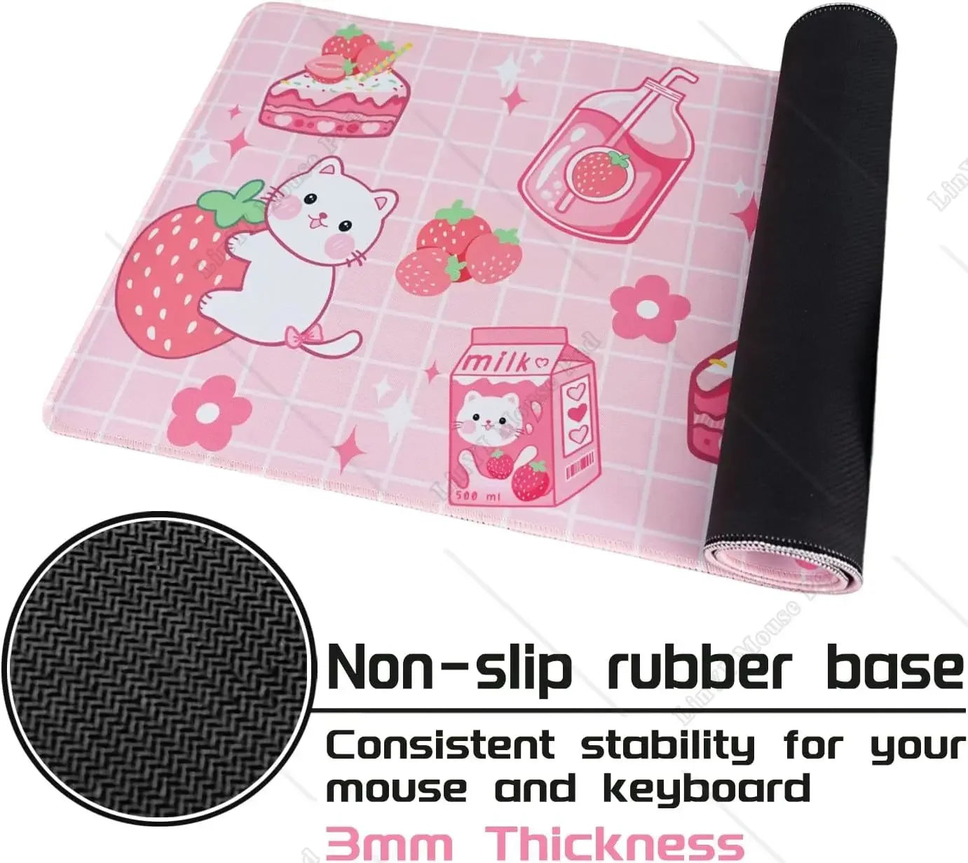 Kawaii Gaming Mouse Pad Large Cat Strawberry Milk Mouse Pad Pink XL Cute Anime Mouse Mat Kawaii Strawberry Decor 31.5 X 11.8 In