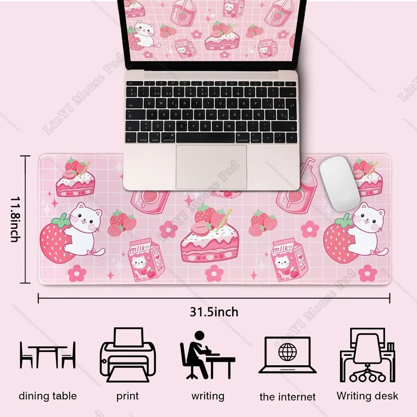 Kawaii Gaming Mouse Pad Large Cat Strawberry Milk Mouse Pad Pink XL Cute Anime Mouse Mat Kawaii Strawberry Decor 31.5 X 11.8 In