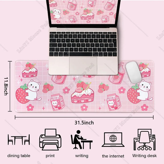 Kawaii Gaming Mouse Pad Large Cat Strawberry Milk Mouse Pad Pink XL Cute Anime Mouse Mat Kawaii Strawberry Decor 31.5 X 11.8 In