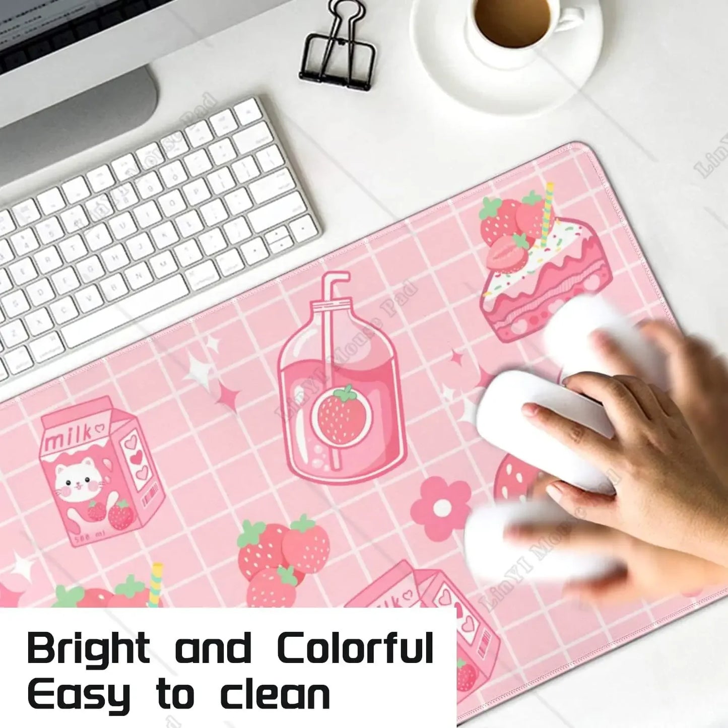 Kawaii Gaming Mouse Pad Large Cat Strawberry Milk Mouse Pad Pink XL Cute Anime Mouse Mat Kawaii Strawberry Decor 31.5 X 11.8 In